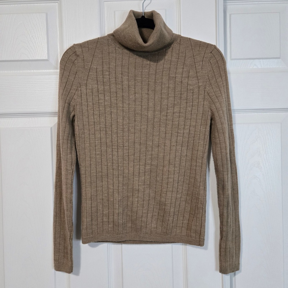 Banana Republic Tan Ribbed Turtleneck Sweater 100% Extra Fine Merino‎ Wool Small